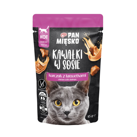 PAN MIĘSKO Kawałki w sosie Kurczak z krewetkami - mokra karma dla kota - 85g - Galeria zdjęcie 1