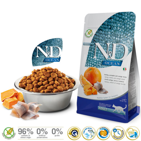 FARMINA N&D Ocean Herring, Pumpkin & Orange Adult - sucha karma dla kota - 1,5kg - Galeria zdjęcie 2