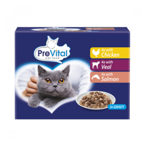 PREVITAL - Z kurczakiem, cielęciną i łososiem w sosie - Pełnoporcjowa karma dla kotów 12x100g - Galeria zdjęcie 1