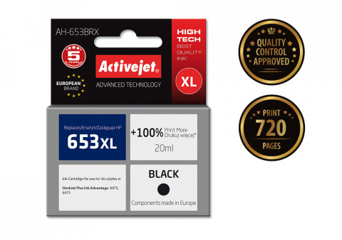 Activejet AH-653BRX Tusz do drukarek HP; Zamiennik HP 653XL 3YM75AE; Premium; 720 stron, 20 ml, czarny - Galeria zdjęcie 2