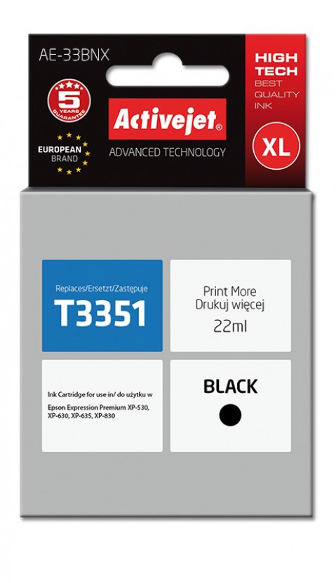 Activejet AE-33BNX Tusz do drukarki Epson, Zamiennik Epson 33XL T3351; Supreme; 22 ml; czarny. - Galeria zdjęcie 1