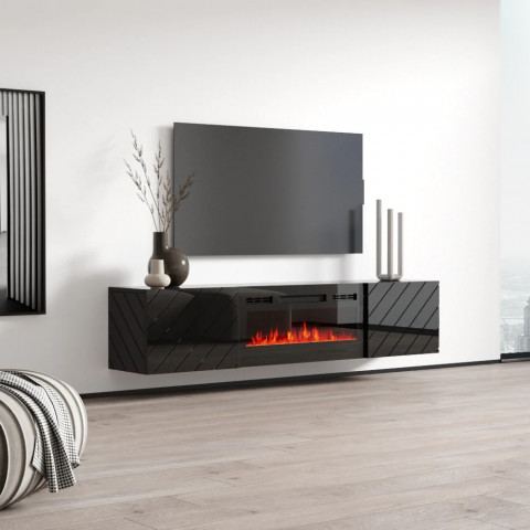 Szafka RTV LUXE 182,6x34,5x37,5 czarny/czarny połysk + czarny kominek - Galeria zdjęcie 2