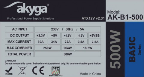 AKYGA ZASILACZ BASIC ATX 500W P4 FAN12CM 3XSATA 2xMOLEX PCI-E 6PIN - Galeria zdjęcie 4