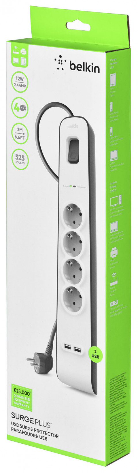 Listwa zasilająca Belkin Power Surge 4-PORT + 2xUSB-A 2m Grey/White Schuko - Galeria zdjęcie 7
