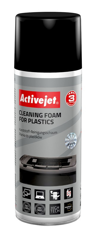 Activejet AOC-100 Pianka do plastiku, 400 ml Pianka z aktywnymi cząsteczkami, usuwająca wszelkiego rodzaju zanieczyszczenia powierzchni wykonanych z plastiku. Niezbędna w każdym biurze, idealna do czyszczenia klawiatur, obudów monitorów, komputerów - zdjęcie 2