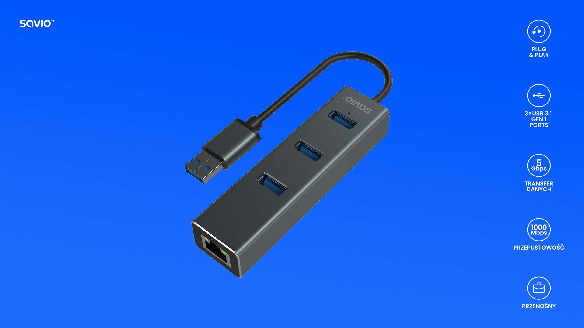 SAVIO AK-58 3-PORTOWY HUB USB-A Z ADAPTEREM RJ-45 - zdjęcie 4
