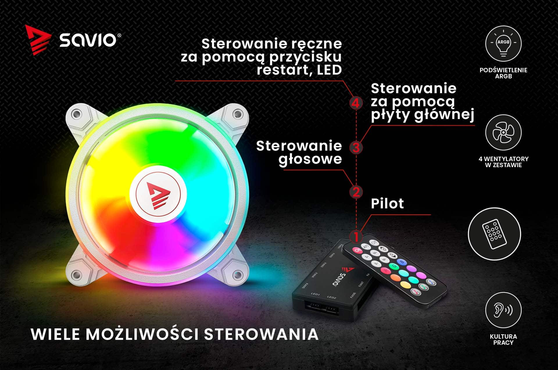 SAVIO ZESTAW 4 WENTYLATORÓW ARGB FAN-01 WHITE - zdjęcie 4