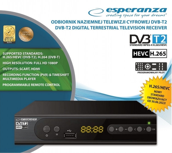 ESPERANZA TUNER DVB-T2 H.265/HEVC EV106P - zdjęcie 1