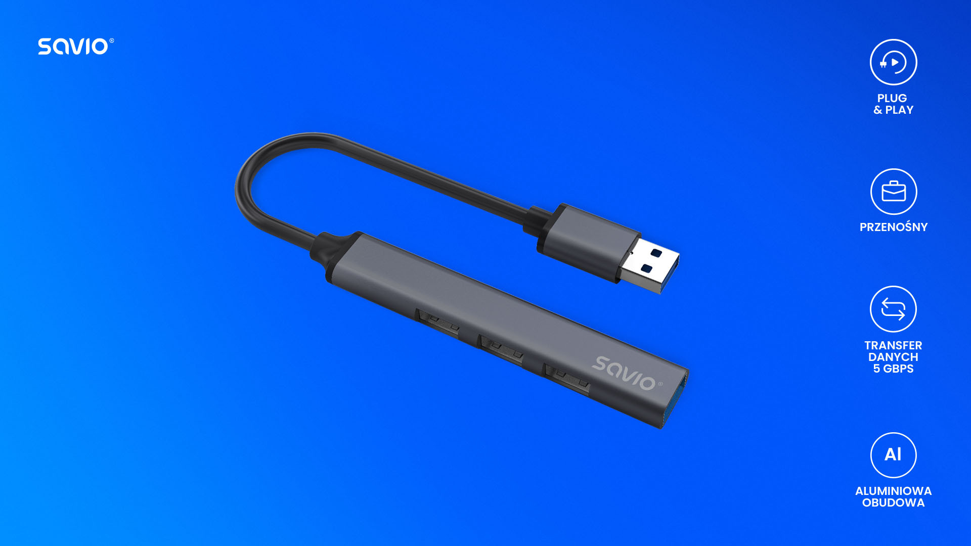 SAVIO HUB USB-A - 3X USB-A 2.0, 1X USB-A 3.0 AK-70 - zdjęcie 2