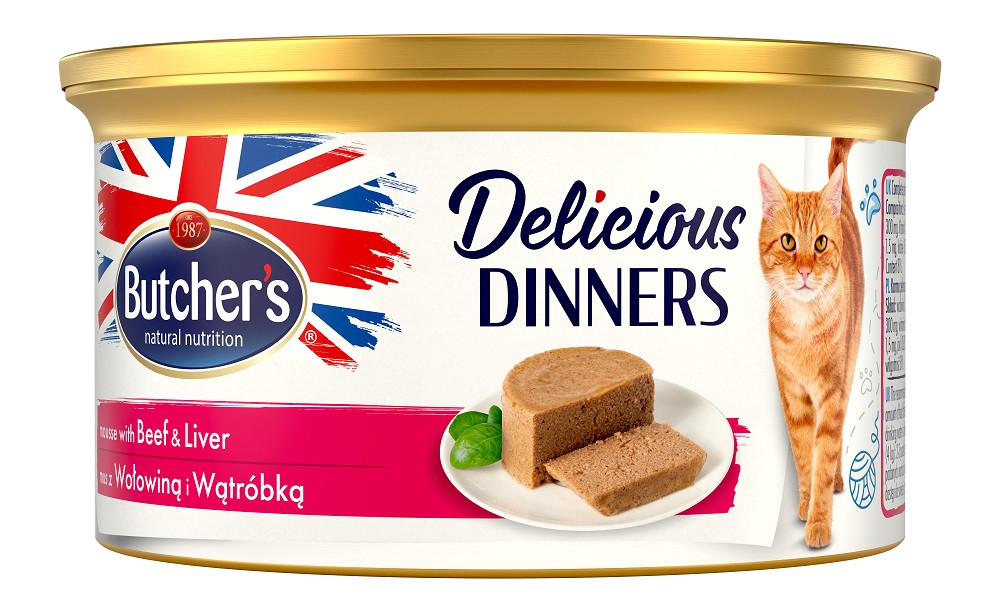 BUTCHER'S Delicious Dinners Cat- mokra karma dla kota z wołowiną i wątróbką w formie musu - puszka - 8x85g - zdjęcie 1