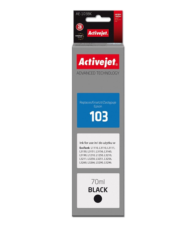 Activejet AE-103Bk Tusz do drukarki Epson, Zamiennik Epson 103 C13T00S14A; Supreme; 70 ml; 4500, czarny. Buteleczki z atramentem. - zdjęcie 1