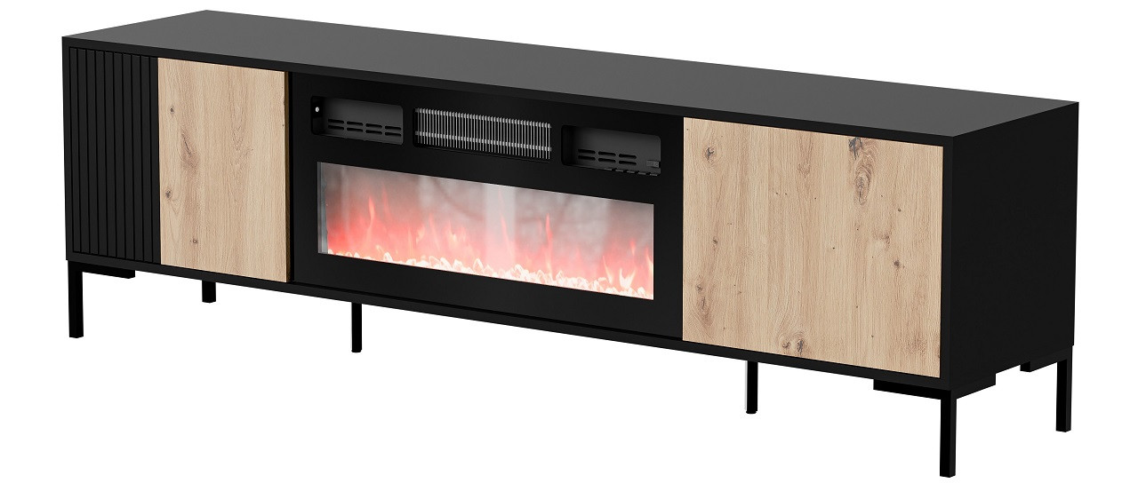 Szafka RTV MERCI 180x40x53,5 czarny/dąb artisan + kominek - zdjęcie 1