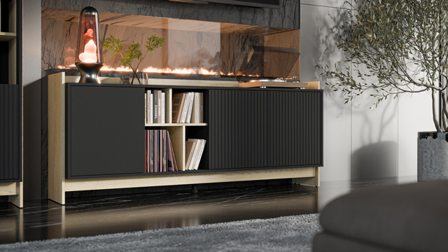 Komoda PORTO 3D 190x38x77 dąb/czarny - zdjęcie 1