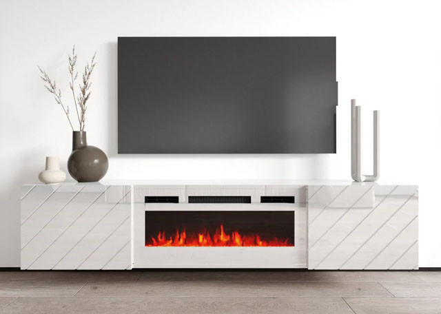 Szafka RTV LUXE 182,6x34,5x37,5 biały/biały połysk + biały kominek - zdjęcie 1