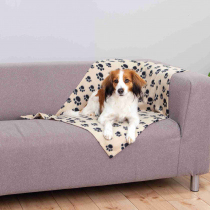 TRIXIE Koc polarowy dla małych psów i kotów 100x70cm kolor: beżowy w czarne łapki 37191 - zdjęcie 1
