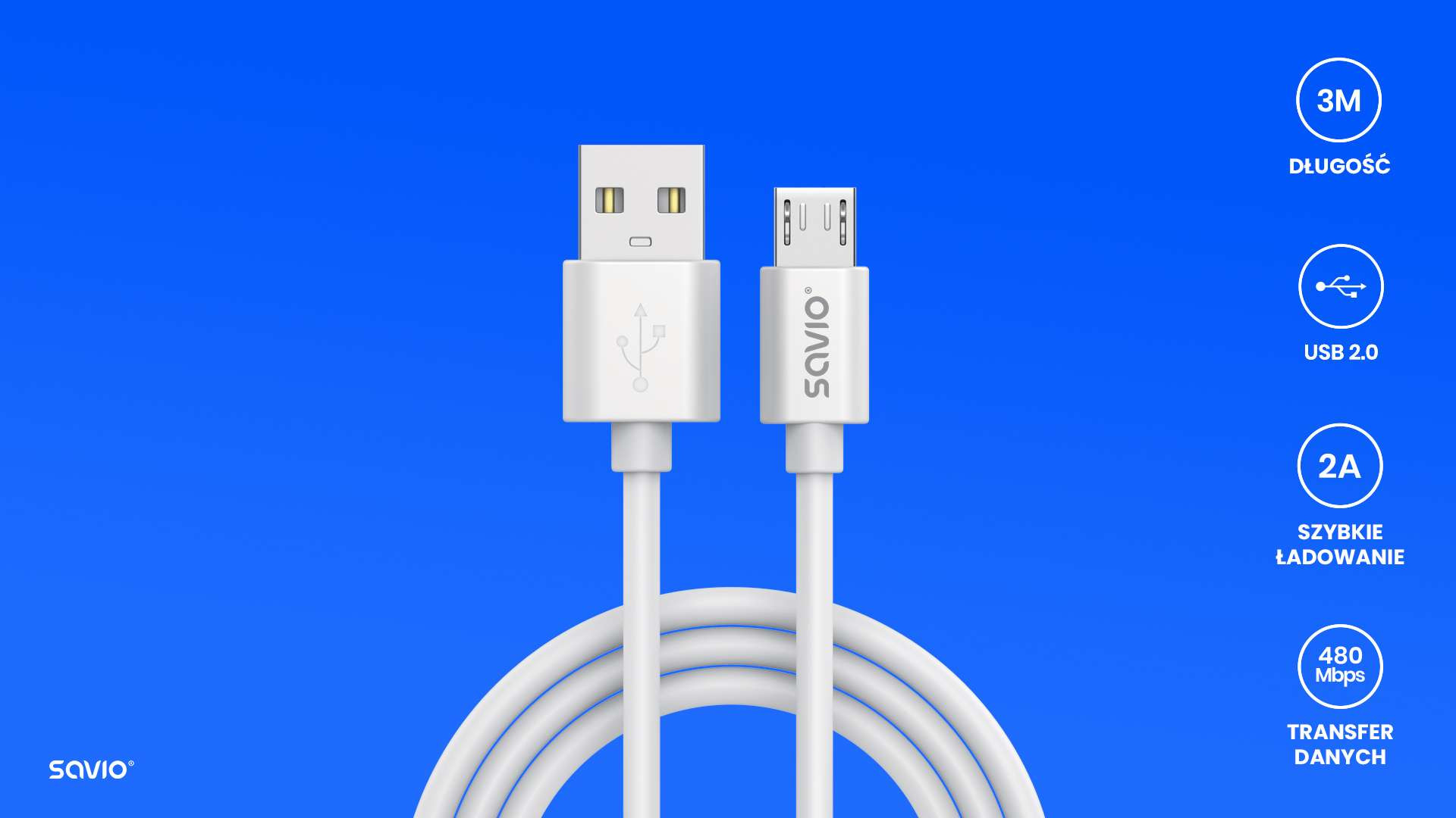 SAVIO KABEL USB-A – MICRO USB, 3 M, BIAŁY, CL-167 - zdjęcie 2