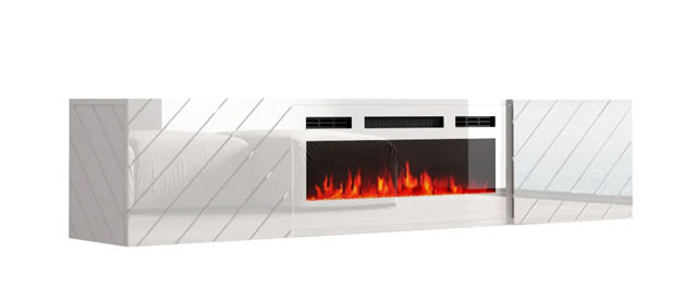 Szafka RTV LUXE 182,6x34,5x37,5 biały/biały połysk + biały kominek - zdjęcie 2