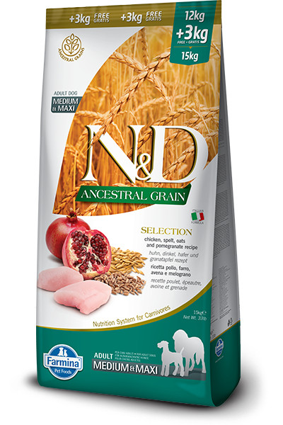 FARMINA N&D Ancestral Grain Selection Adult Medium & Maxi - sucha karma dla psa - 12kg + 3kg - zdjęcie 1