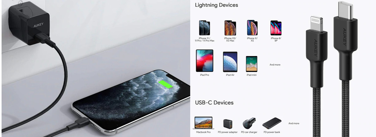 AUKEY CB-CL03 NYLONOWY KABEL USB C-LIGHTNING 2M PD - zdjęcie 1