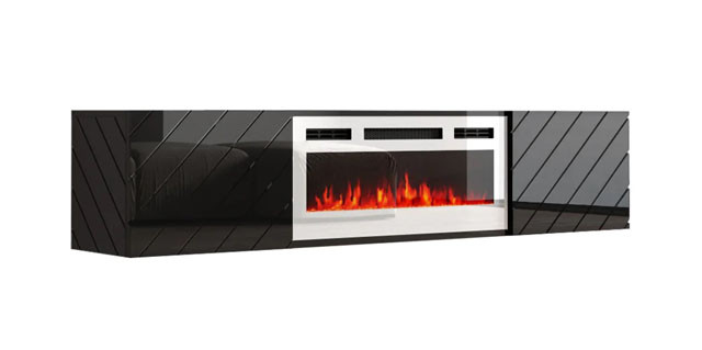 Szafka RTV LUXE 182,6x34,5x37,5 czarny/czarny połysk + biały kominek - zdjęcie 2