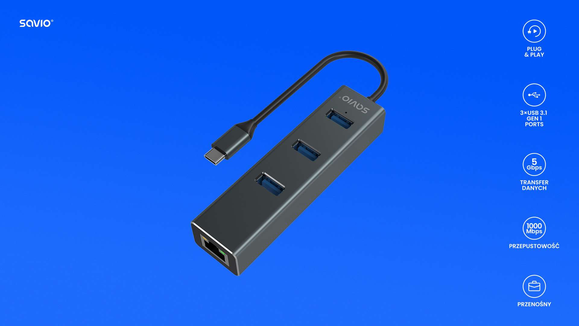 SAVIO AK-57 3-PORTOWY HUB USB-C Z ADAPTEREM RJ-45 - zdjęcie 4