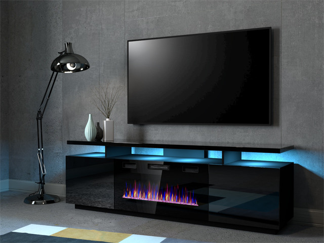 Szafka RTV EVA z kominkiem elektrycznym 180x40x52 czarny/czarny połysk - zdjęcie 1