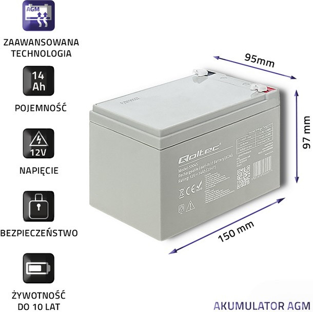 QOLTEC AKUMULATOR AGM | 12V | 14AH | MAX.210A - zdjęcie 1