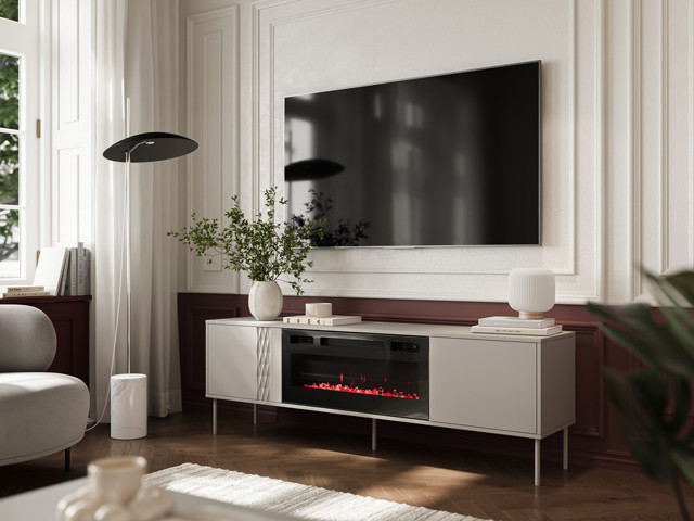 Szafka RTV EF + kominek czarny TRESSE 180x40x54,5 kaszmir mat - zdjęcie 1