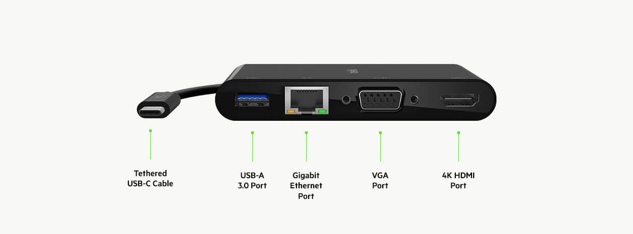Hub Belkin USB-C Multimedia Adapter 4-in-1 Core Hub 1x4k HDMI/1xVGA/1xUSB-A/1xRJ45 Gigabit Black - zdjęcie 1