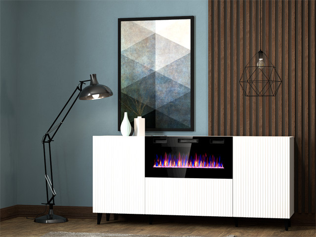 Komoda PAFOS z kominkiem elektrycznym 180x42x82 biały mat - zdjęcie 1