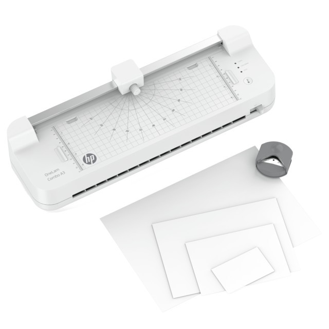 HP Laminator ONELAM COMBO A3, na zimno/gorąco, zintegrowany trymer, zaokrąglacz rogów, prędkość 40cm/min + 15 folii: 3xA4, 4xA5, 4xA6, 4xB-CARD, biały - zdjęcie 1