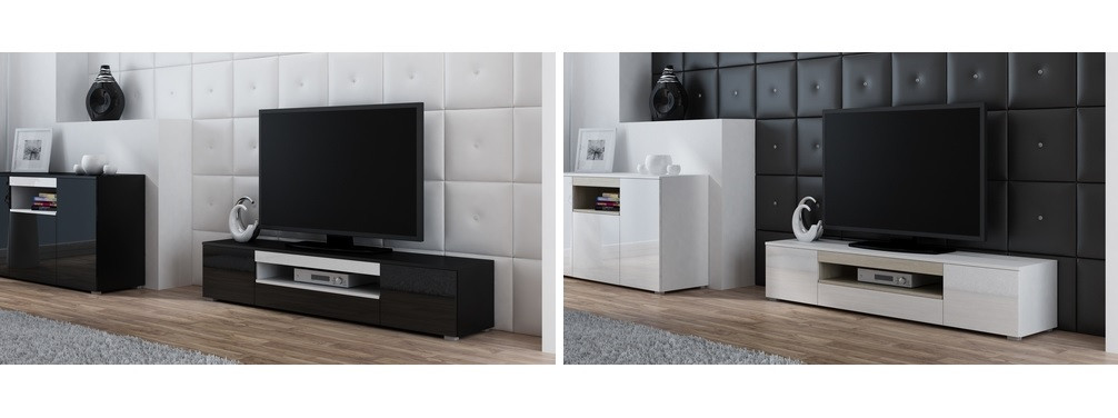 Szafka RTV VIVA 180 biały/ biały połysk+ czarny - zdjęcie 3