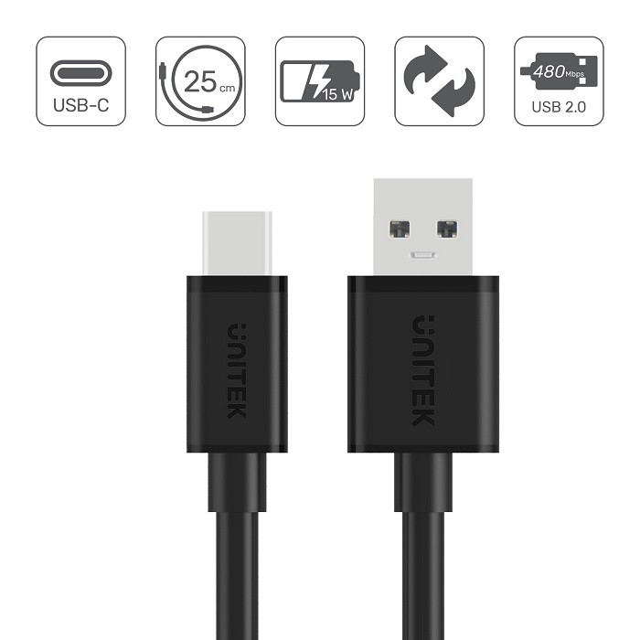 UNITEK USB CABLE USB-A — USB-C 25CM, Y-C480BK - zdjęcie 1
