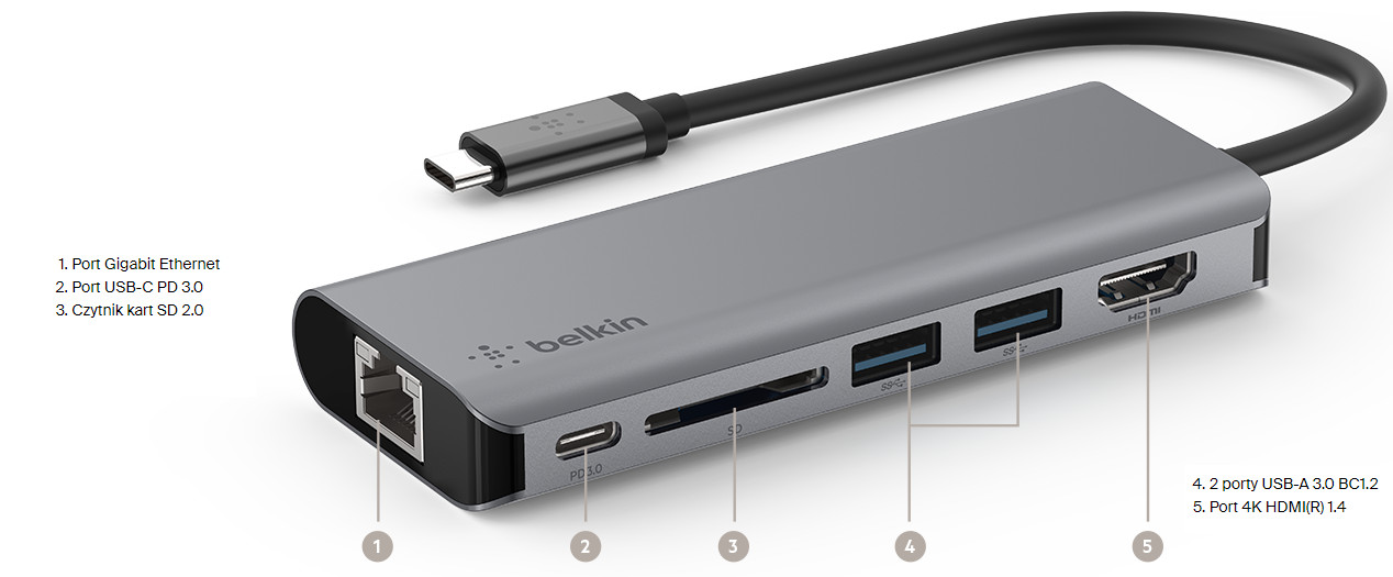 Hub Belkin Connect USB-C 6-in-1 Multiport Adapter 1x4k HDMI/2xUSB-A/1xUSB-C PD3.0/1xRJ45 Gigabit/1xCard reader Grey - zdjęcie 2