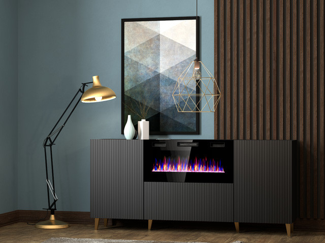 Komoda PAFOS z kominkiem elektrycznym 180x42x82 czarny mat - zdjęcie 1