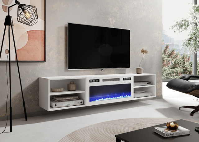 Szafka RTV POLO 180x33x39 biały + kominek biały - zdjęcie 1