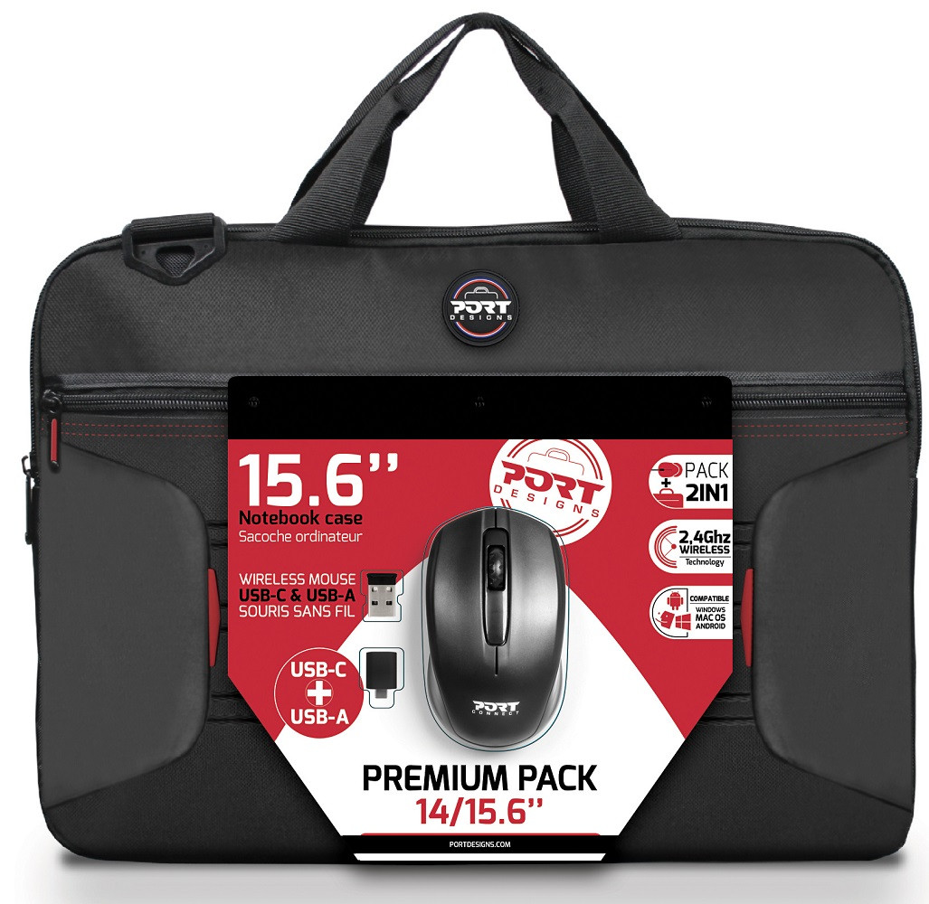 Zestaw torba + mysz PORT DESIGNS Premium Pack 501873 (Top Load; wireless; 1000 DPI; USB-C/USB-A; kolor czarny) - zdjęcie 1