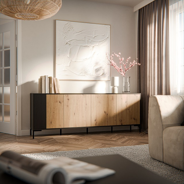 Komoda MERCI 200x40x74 czarny/dąb artisan - zdjęcie 1