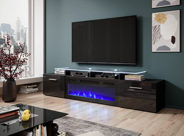 Szafka RTV ROVA z kominkiem elektrycznym 190x37x48 czarny/czarny połysk - zdjęcie 1