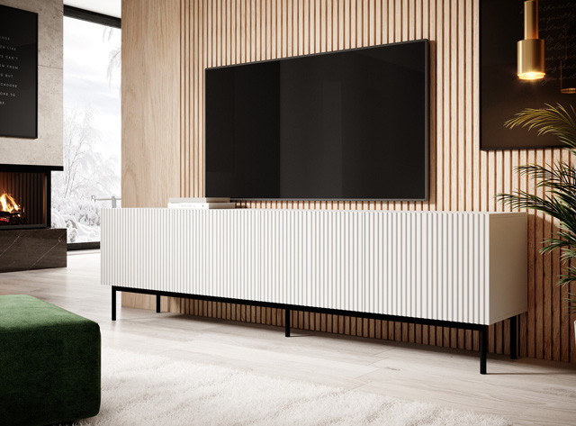 Szafka RTV PAFOS na czarnym stelażu ze stali 200x40x60 biały mat - zdjęcie 1