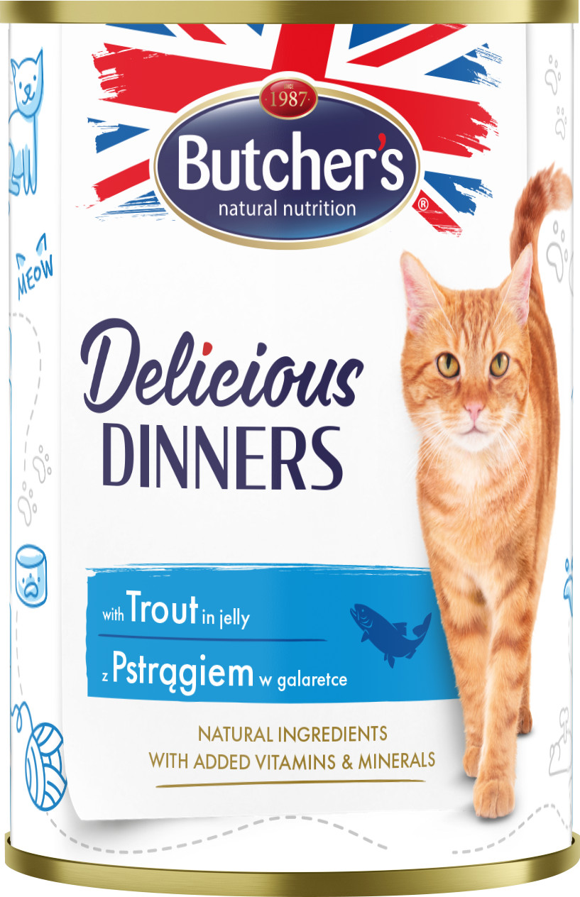 BUTCHER'S Delicious Dinners Kawałki z pstrągiem w galaretce - mokra karma dla kota - 24x400g - zdjęcie 1