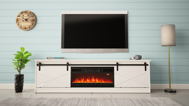 Szafka RTV GRANERO+kominek 200x56,7x35 biały/biały połysk - zdjęcie 1