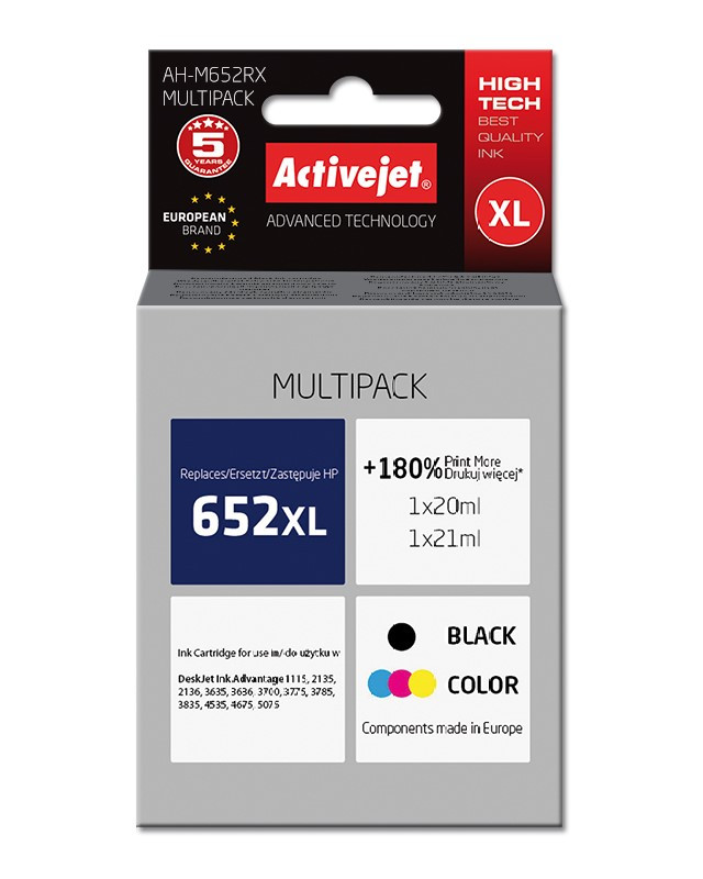 Activejet AH-M652RX Tusz do drukarki HP, Zamiennik HP 652 F6V25AE/F6V24AE; Premium; 1 x 20 ml, 1 x 21 ml; 1580 stron, czarny, kolor. Drukuje więcej o 180%. - zdjęcie 6
