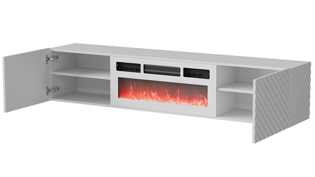 Szafka RTV LARA 183x35x37 biały mat + biały kominek - zdjęcie 2