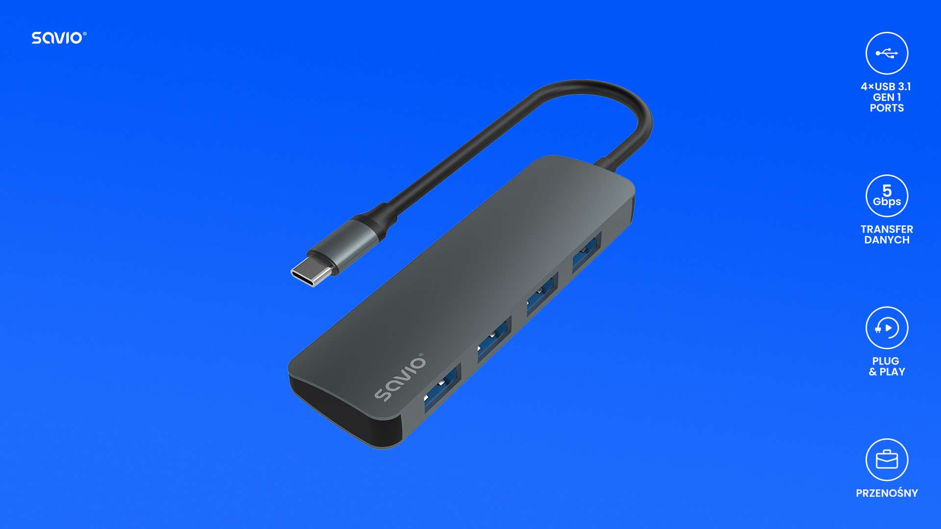 SAVIO AK-54 HUB USB-C - 4 X USB-A, SZARY - zdjęcie 4