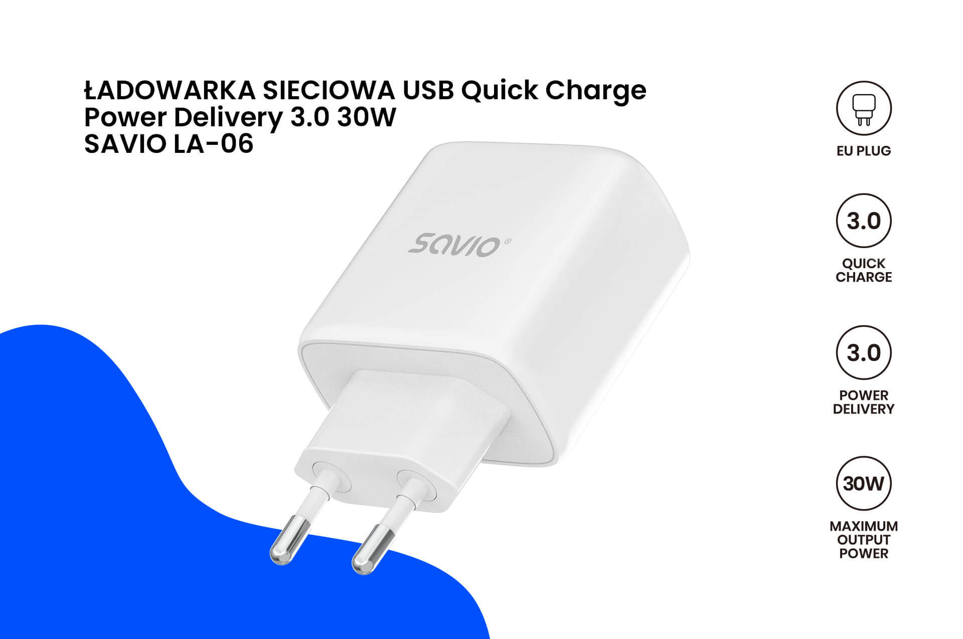 SAVIO ŁADOWARKA SIECIOWA 30W QUICK CHARGE LA-06 - zdjęcie 1