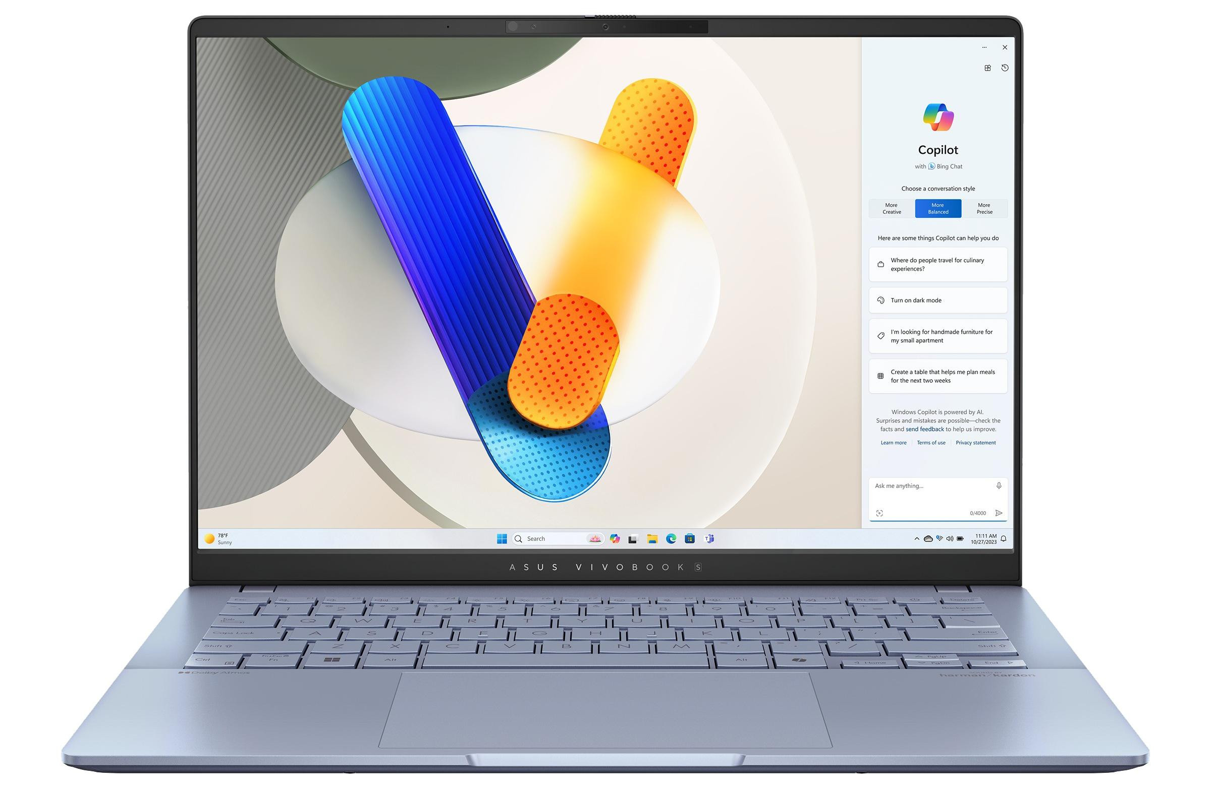ASUS Vivobook S 14 OLED S5406MA-PP016W Ultra 7 155H 14.0"3K 120Hz 400nits Glossy 16GB LPDDR5X SSD1TB Intel Arc Graphics WLAN+BT Cam 75WHrs Win11 Mist Blue - zdjęcie 1