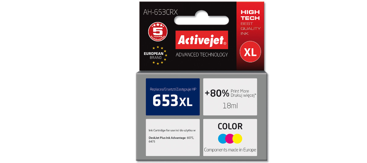 Activejet AH-653CRX Tusz do drukarek HP; Zamiennik HP 653XL 3YM74AE; Premium; 320 stron; 18 ml, Kolorowy - zdjęcie 6