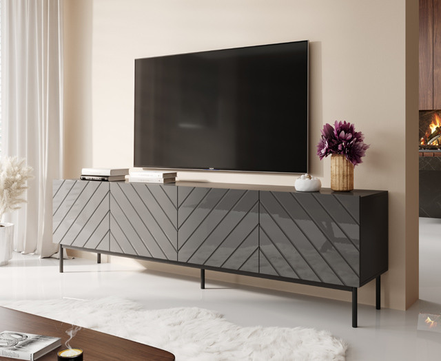 Szafka RTV ABETO na czarnym stelażu ze stali 200x42x60 grafit/grafit połysk - zdjęcie 1