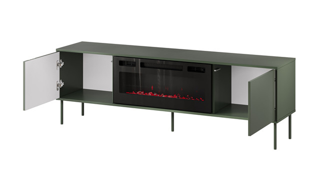 Szafka RTV EF + kominek czarny TRESSE 180x40x54,5 zieleń mat - zdjęcie 3
